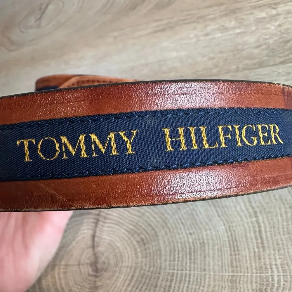 Tommy Hilfiger Vintage Spellout Logo Flags Brown Leather Branded Belt 34